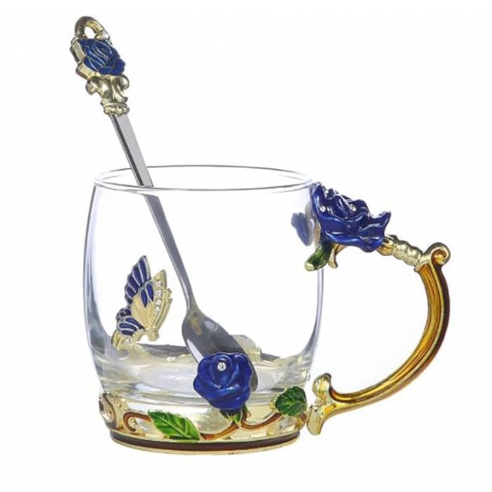 Glassyfi Butterfly Mug Spoon Glass Tea Cup Gold Handle Enamel Flowers Coffee Tea